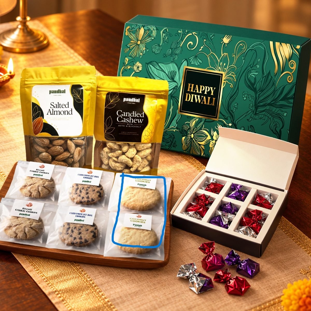 Contents of the Diwali box laid out: salted almonds, candied cashews, three kinds of cookies and a box of wrapped chocolates