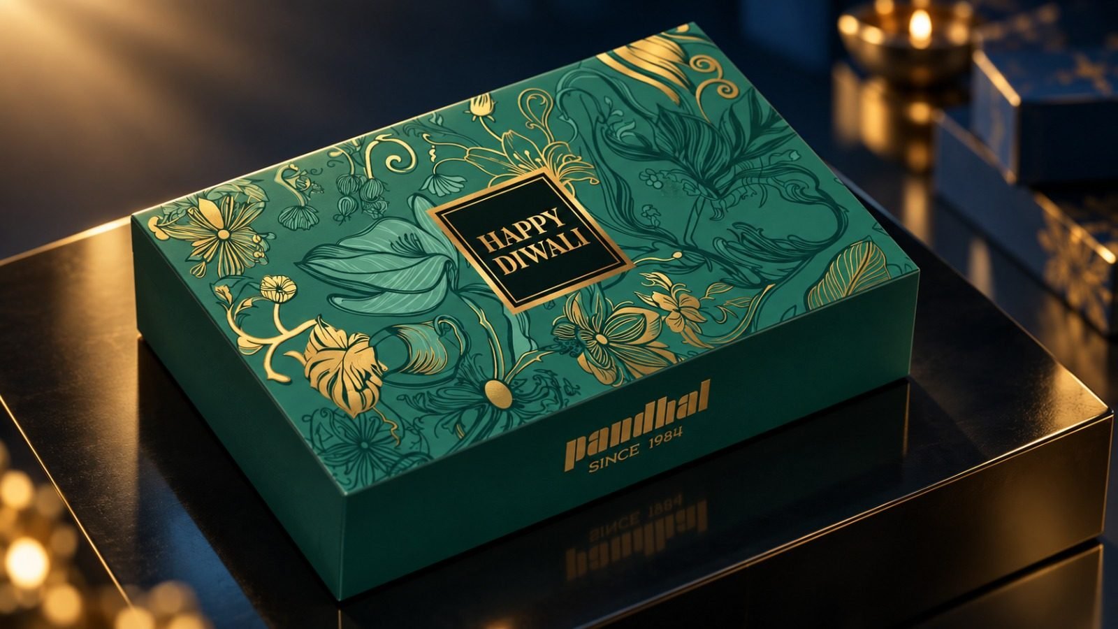 The Pandhal Diwali box: an emerald gift box with gold foil flowers and a Happy Diwali plaque
